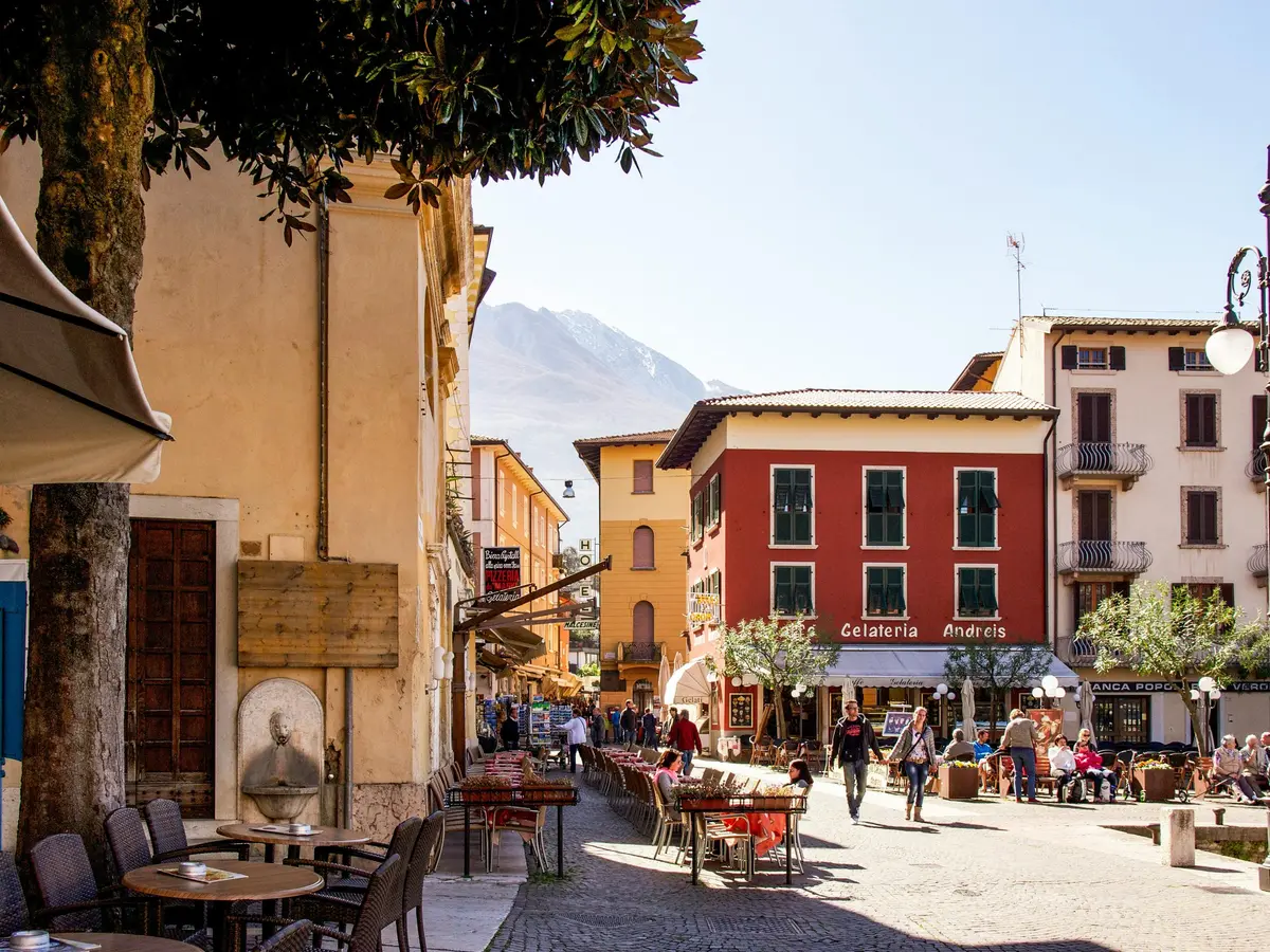 A colorful street in an Italian lakeside town